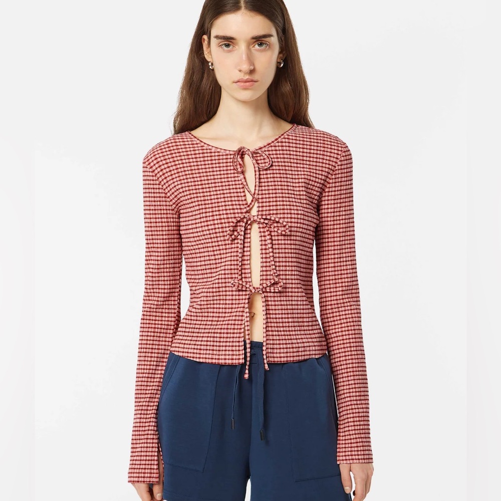 STRUCTURED GINGHAM TIE FRONT LONG SLEEVE SHIRT